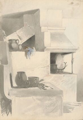 Sketch of Fireplace with Kitchen Utensils — size preview
