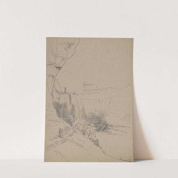 Sketch of Niagara Falls, with a man and a woman walking on a footpath on lower left (1850-1860) by James Fuller Queen