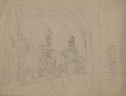 Sketch of Philadelphia street with list of games and amusements in right margin (1840-1860)