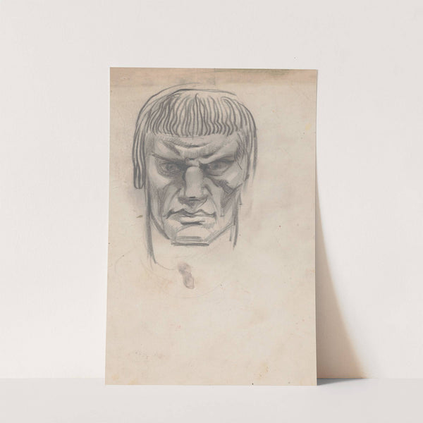 Sketches and drawings related to 'Der Soldat in der deutschen Vergangenheit', by George Liebe. Study of head of knight, full face by Winold Reiss