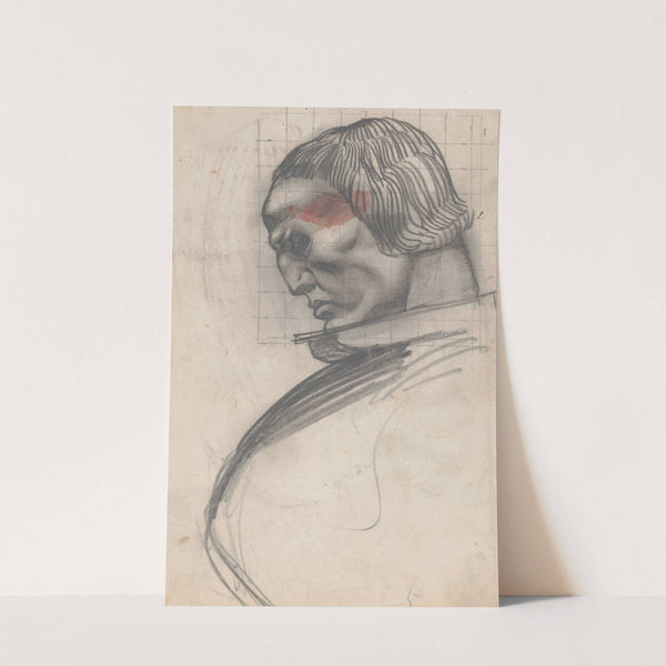 Sketches and drawings related to 'Der Soldat in der deutschen Vergangenheit', by George Liebe. Study of head of knight, profile by Winold Reiss