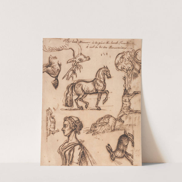 Sketches of a Hare, Horse, Stag, Man and Woman by James Seymour
