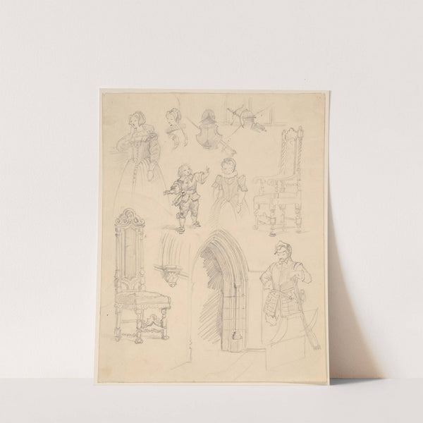 Sketches of Baroque costumes and furniture and Gothic architectural details by Józef Simmler