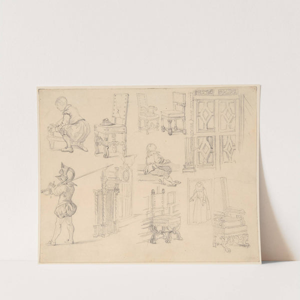 Sketches of Baroque costumes and furniture by Józef Simmler