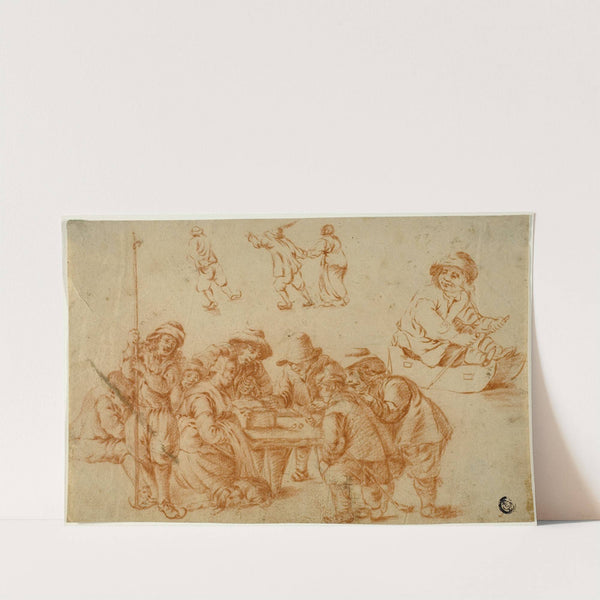 Sketches of Peasants Playing Dice and Skating; Sketch of Boy on Sled by Adriaen van Ostade