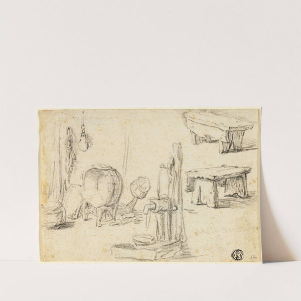 Sketches of Pump, Washtub, Benches by Circle of Adriaen van Ostade