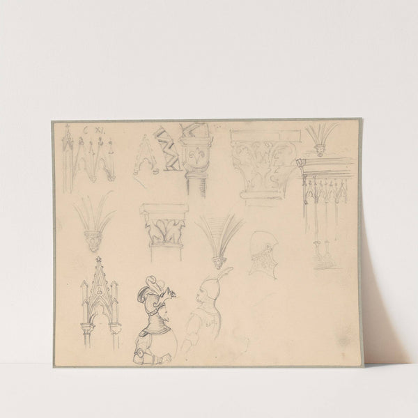 Sketches of Roman and Gothic architectural details and medieval armour by Józef Simmler