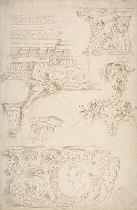 Sketches of Sculptured Decoration. Entablatures and a Frieze with Human, Animal and Floral Ornaments