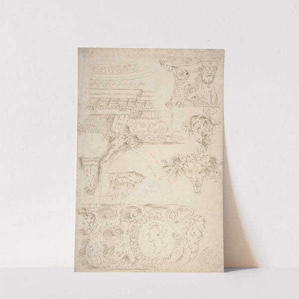 Sketches of Sculptured Decoration. Entablatures and a Frieze with Human, Animal and Floral Ornaments by After Agostino Mitelli