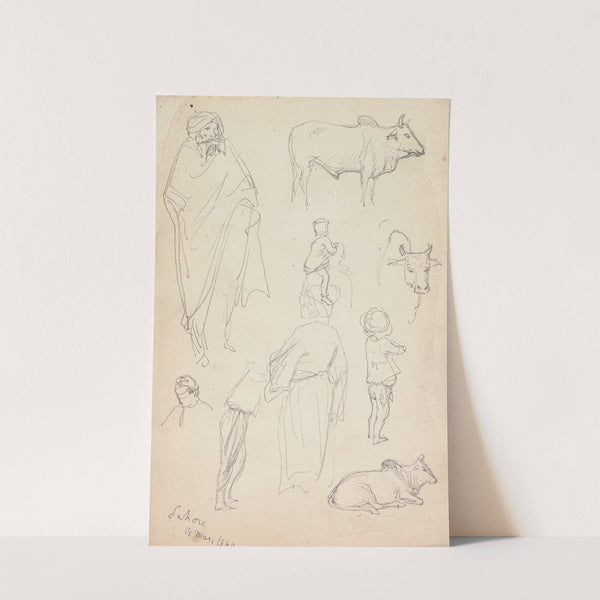 Sketches of Standing Figures and Bulls, Lahore by William Simpson
