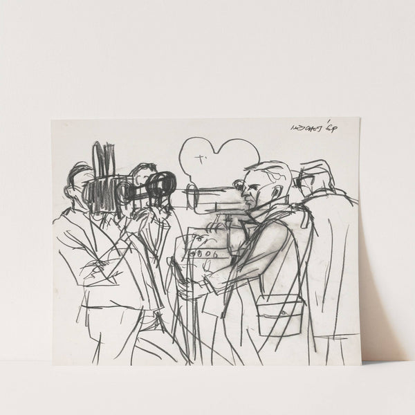 Sketches of television news camermen outdoors during the Pueblo Incident hearings in Coronado, California by Arnold Mesches