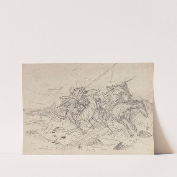 Skirmish between two galloping riders, sketch for the painting “On the Trail” (1885) by Jozef Brandt