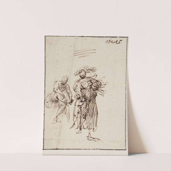 Skitse af en gående kvinde med et barn ved sin side, i baggrunden en siddende figur by Francesco Allegrini