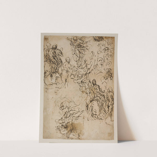 Skitser til Kristus svævende i luften, ryttere, et siddende par og blomsterornamentik by Jacopo Palma il Giovane