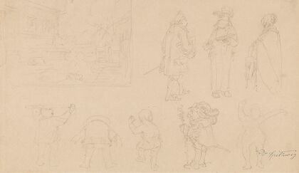 Skizzenblatt mit 8 Figurenskizzen, darunter Gnome, sowie Gartenkomposition mit Tor, Haus, Hund und Bäumen