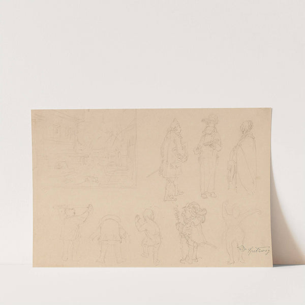 Skizzenblatt mit 8 Figurenskizzen, darunter Gnome, sowie Gartenkomposition mit Tor, Haus, Hund und Bäumen (1855) by Carl Spitzweg