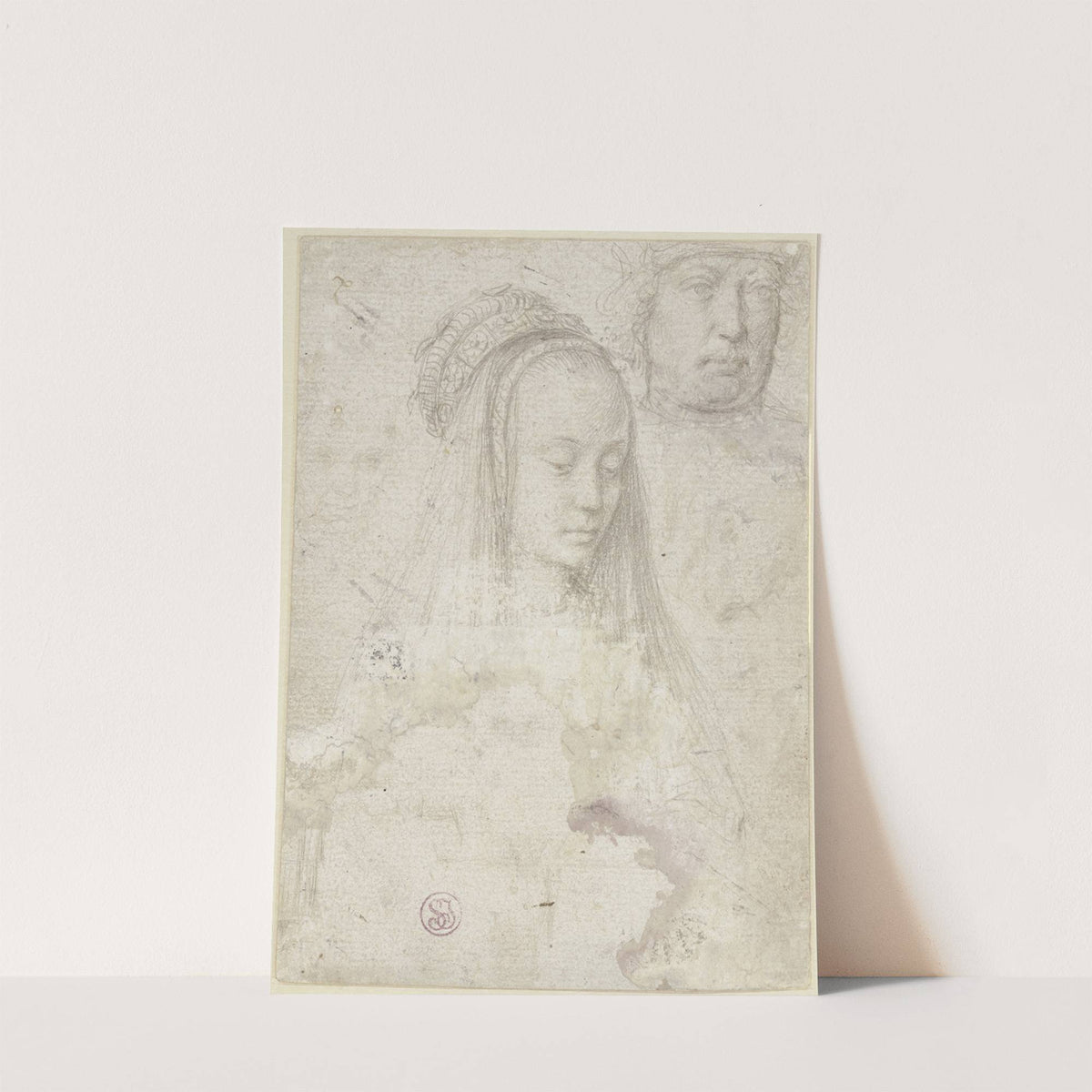 Skizzenbuchblatt mit den Köpfen einer jungen Frau und von vier Männern sowie Skizze einer Stadtsilhouette by Gerard David