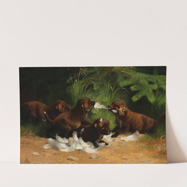 Skovparti med ræveunger, der slås om resterne af en fugl by Adolf Mackeprang