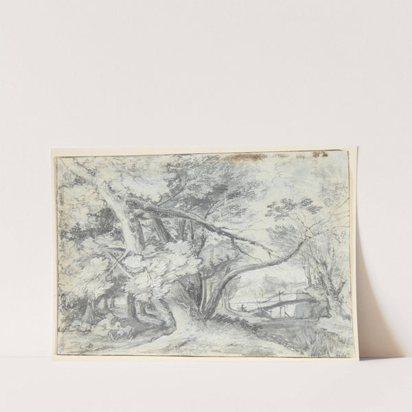 Skovparti med store træer, under hvilke der er to mænd og en hund Til højre en bro by Roelant Savery