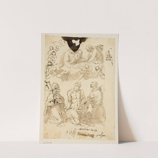 Skt Antonius, Skt Hieronymus og Skt Bernardin, med Jomfru Maria og Jesusbarnet omgivet af englebørn by Jacopo Palma il Giovane