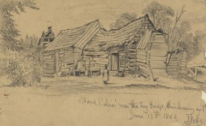 Slave cabin near the Long Bridge, Chicahominy River, Va., June 13th 1864