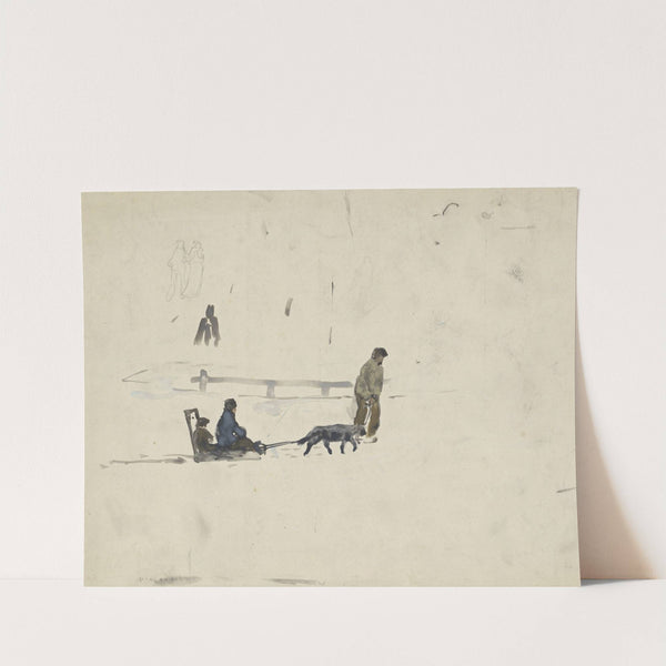 Slede met twee kinderen getrokken door een man met hond (1860 - 1921) by Adolf le Comte