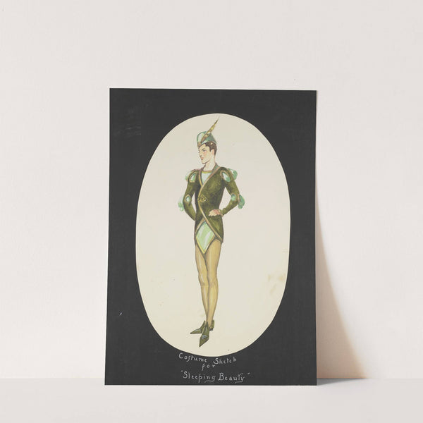 Sleeping Beauty: Green coat over light green tunic, mustard hose, and pointed green slippers (1934-1943) by John Glidden