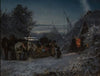 Sleigh in front of a hut at night