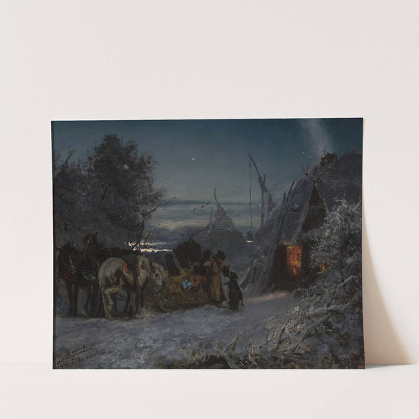 Sleigh in front of a hut at night by Jozef Chelmonski