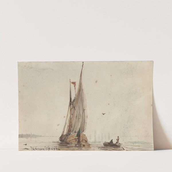 Sloep bij een zeilschip op het water by Johan Conrad Greive