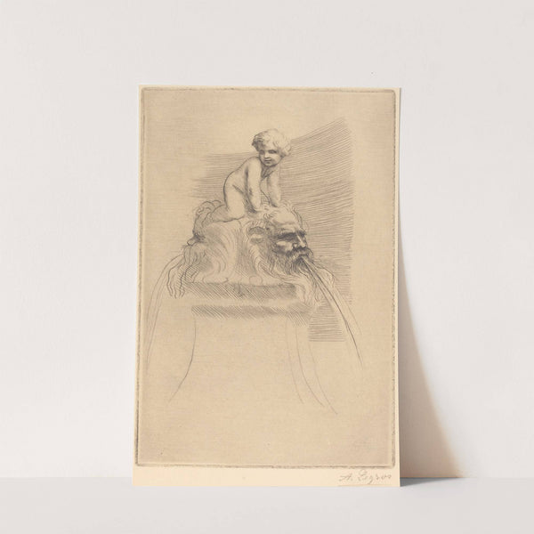 Small Fountain, child Playing on the Grotesques (Petite fontaine, enfant qui joue surdes masques) by Alphonse Legros