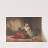 Small girl leaning against an overturned wash tub on which two puppies have been placed (1850-1880) by James Fuller Queen