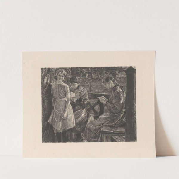 Smiling girl standing in front of two embroidering young women by Peter von Halm