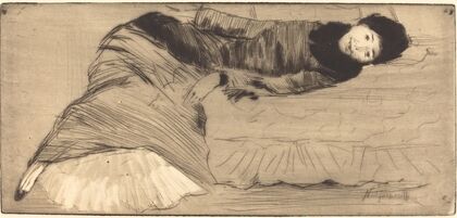Smiling Woman Reclining on a Sofa (Femme souriant etendue sur un canape)