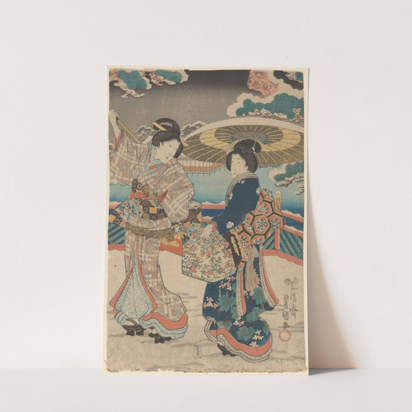 Snow Scene; Two Women with Umbrellas and Bags by Toyokuni Utagawa