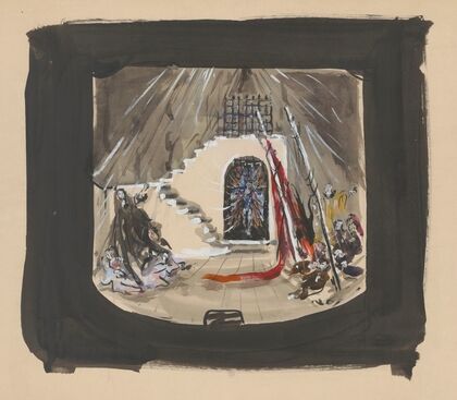 Sodome et Gomorrhe – maquette de décor – escalier longeant mur en ruine, podium avec draperie rouge (1943) — size preview