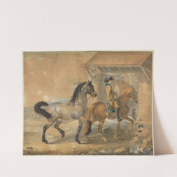 Soldat mit 2 Pferden vor Gehöft by Johann Georg Pforr