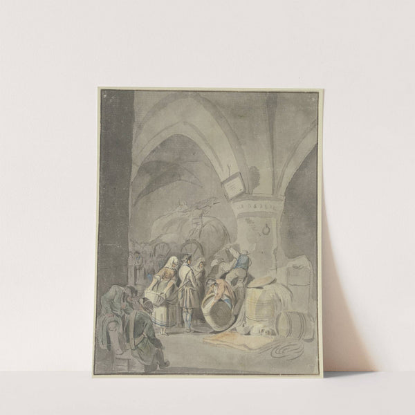 Soldaten und Marketenderinnen in einem Gewölbe mit Fässern und Kisten by Gottlieb Welté