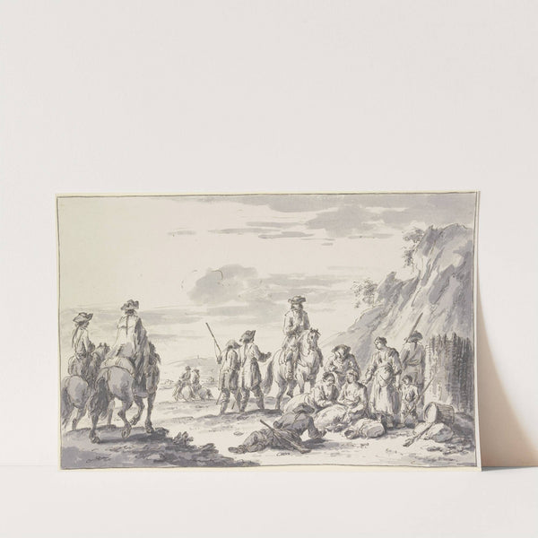 Soldaten zu Pferde und zu Fuß bei einem Schanzkorbe mit Frauen und Kindern by Charles Parrocel