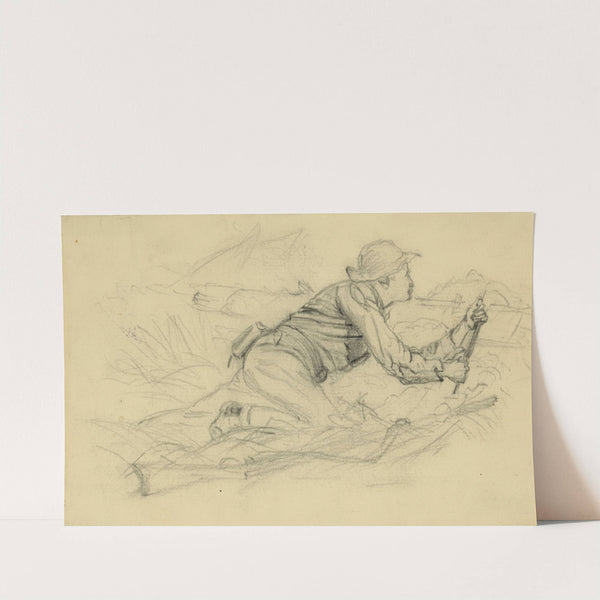 Soldier peering over a log by Alfred Rudolph Waud