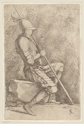 Soldier, Seated, in a Helmet, Holding a Cane