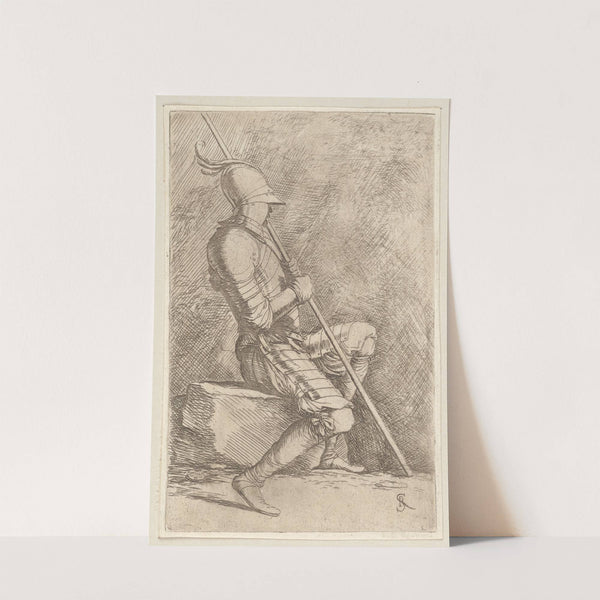 Soldier, Seated, in a Helmet, Holding a Cane by Salvator Rosa