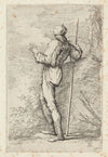 Soldier, Standing, Holding a Long Cane before a Rocky Wall