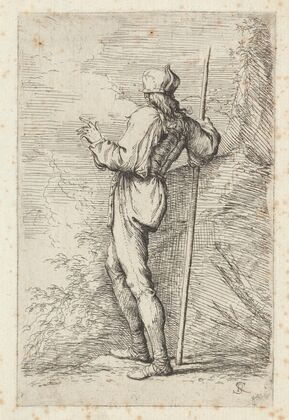 Soldier, Standing, Holding a Long Cane before a Rocky Wall