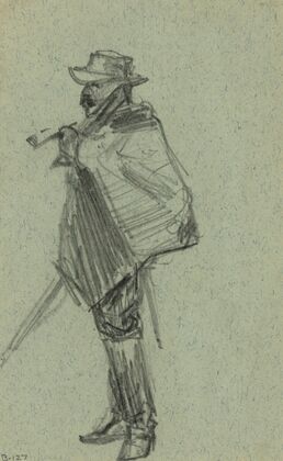 Soldier with blanket wrapped around shoulders