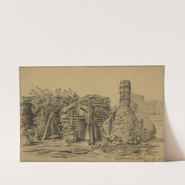 Soldier's hut in winter-Borrowing a chimney by Edwin Forbes