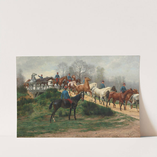 Soldiers leading horses over a bridge (1880) by Jean Richard Goubie