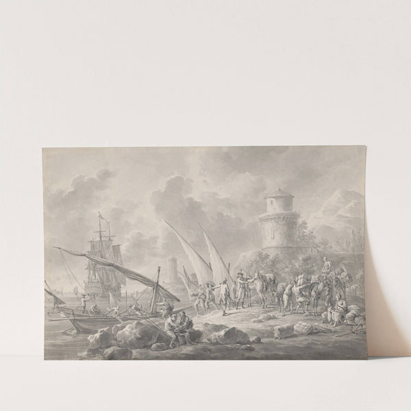 Soldiers Loading Barges for a Large Sailing Ship Along the Coast by Dirk Langendijk