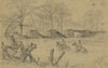 Soldiers on horseback crossing a river near a collapsed bridge