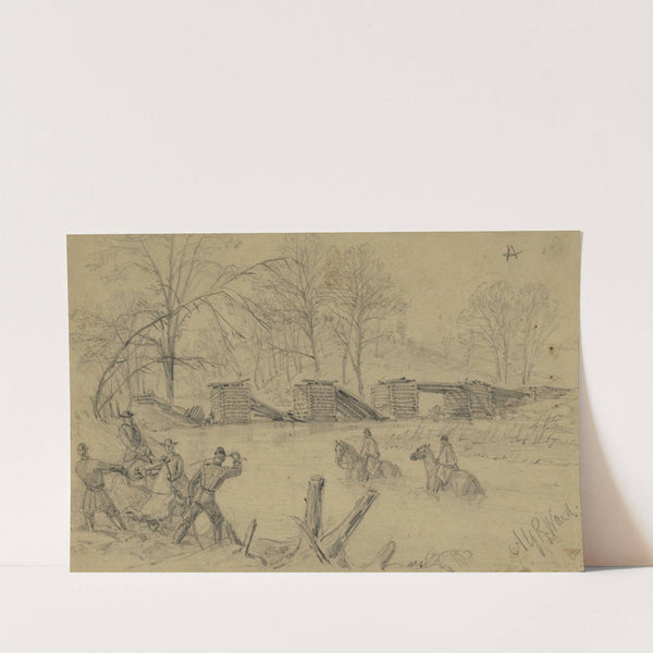 Soldiers on horseback crossing a river near a collapsed bridge by Alfred Rudolph Waud